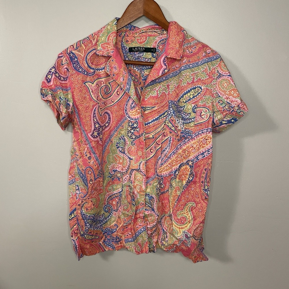 Lauren Ralph Lauren Pajama Top Womens M Pink Paisley Button Cotton Sleepwear